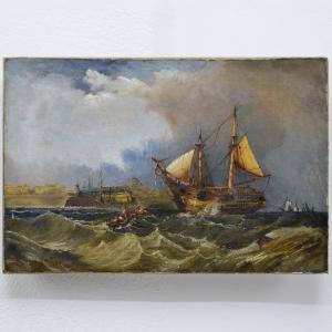 19e Siecle Britannique Romantique Marine Peinture Huile Arrivee Voilier Signee
