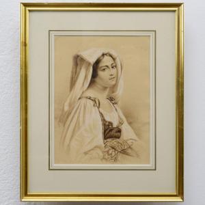 Portrait Romantique Jeune Femme 19e Siecle Costume Traditionnel Techniques Mixtes Encadre
