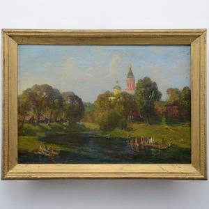 20e Siecle Realisme Russe Paysage Ete Baigneurs Huile Toile Signe Fedulov Encadre