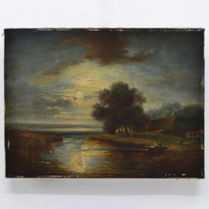 Paysage Fluvial Romantique Européen au Clair de Lune Huile sur Toile Signée XIXe Siècle
