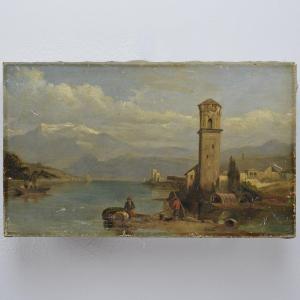 Paysage Romantique Italien 19e Siecle Village Lac Alpin Huile sur Toile Signee