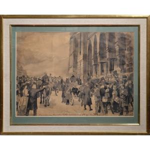 Aquarelle Monochrome Suedoise 19e Siecle Scene Accueil Roi Signee Cadre
