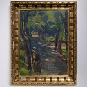 Early 20th Century Russian Expressionist Park Scene Oil Board Signed Framed
