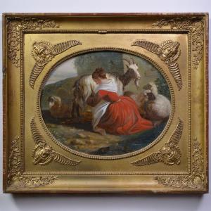 Peinture Sous Verre Pastorale Europeenne 19e Siecle Laitiere Cadre Tondo Dore