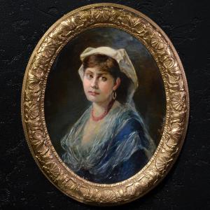 Portrait Jeune Femme Italienne 19e Siecle Huile sur Toile Signee Cadre Ovale