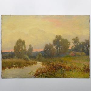 Fin 19e Victorien Britannique Paysage Riviere Coucher Soleil Huile Toile Signee
