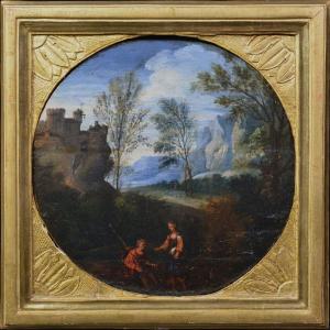 XVIIe Siècle Paysage Pastoral Baroque Européen Château Tondo Huile sur Panneau Encadré