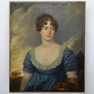 Early 19th Century Empire Romantic Portrait Noble Young Lady In Blue Oil Canvas