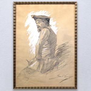 Dessin Portrait Européen Fin XIXe Siècle Homme au Tricorne Technique Mixte Signé