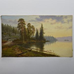 Paysage Scandinave Romantique Vue de Fjord Début du 20e Siècle Huile Sur Toile Signé