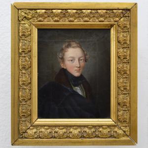 19th Century European Miniature Portrait Young Gentleman Oil Canvas Frame