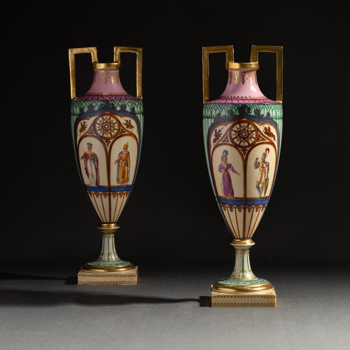 Dihl And Guérhard - Very Rare Pair Of "spindle" Vases With Troubadour Decoration - Porcelain Circa 1820-photo-4