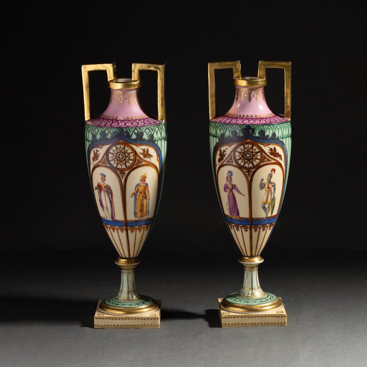 Dihl And Guérhard - Very Rare Pair Of "spindle" Vases With Troubadour Decoration - Porcelain Circa 1820-photo-1