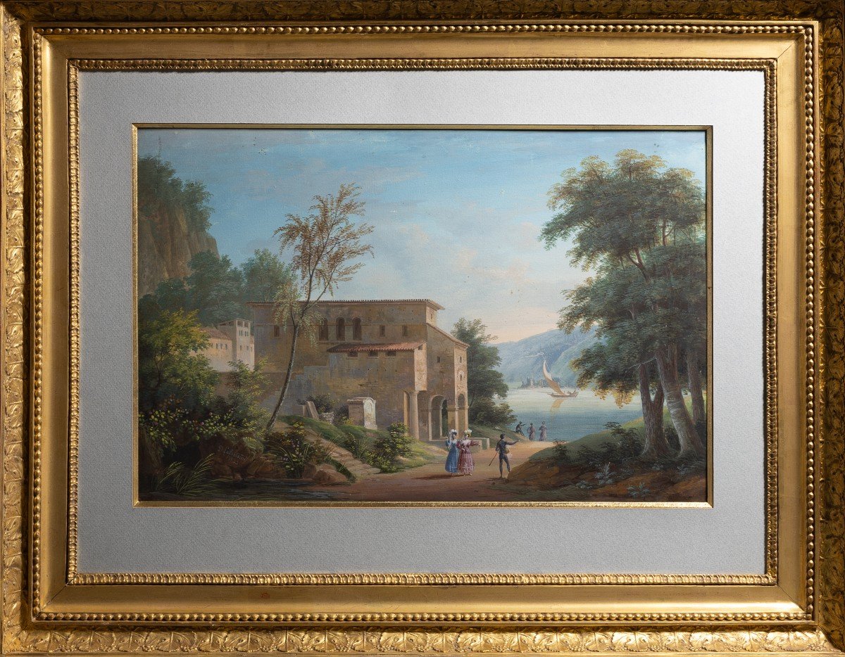 Jmd Lafontaine - Lakescape From The Salon Of 1833 - Gouache On Marouflaged Paper-photo-2