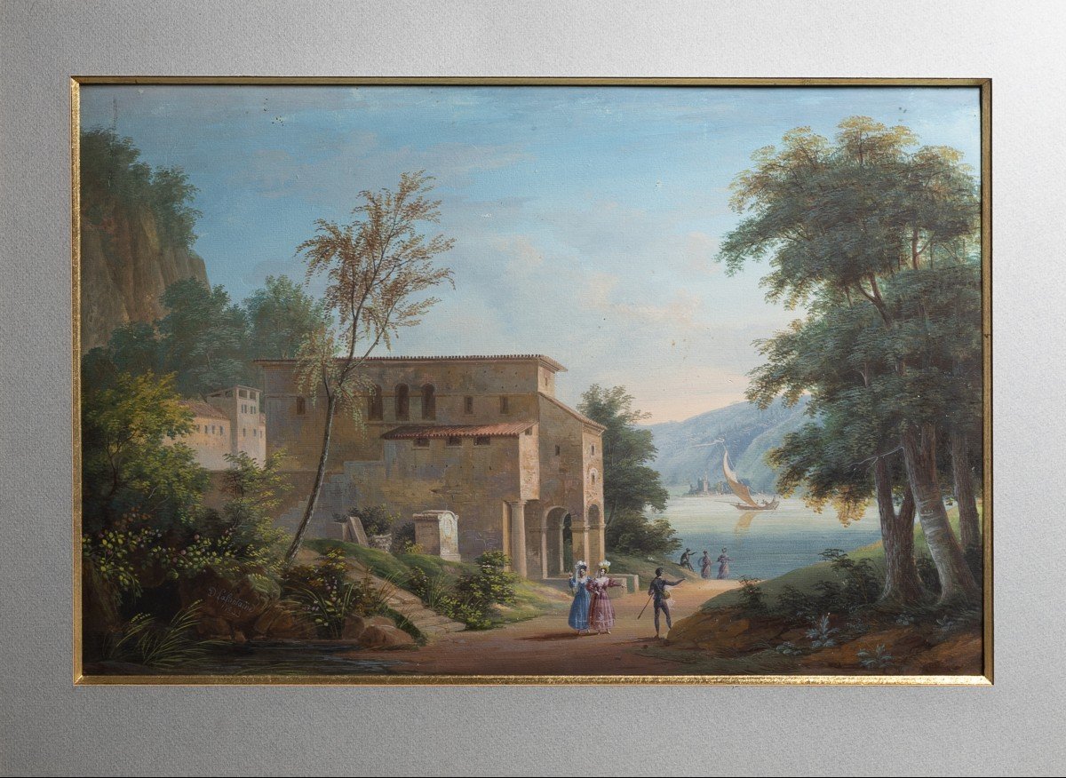 Jmd Lafontaine - Lakescape From The Salon Of 1833 - Gouache On Marouflaged Paper-photo-3