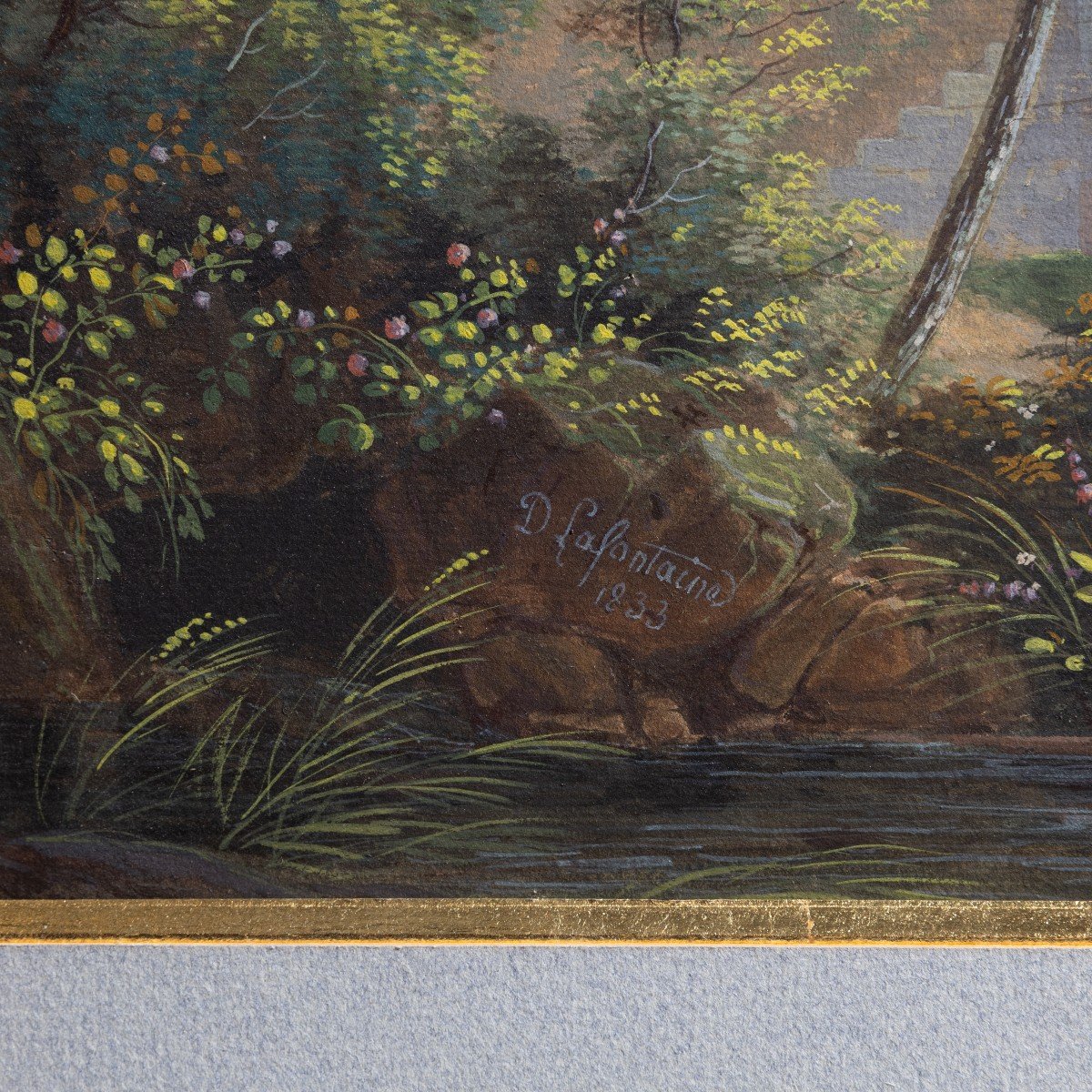Jmd Lafontaine - Lakescape From The Salon Of 1833 - Gouache On Marouflaged Paper-photo-4