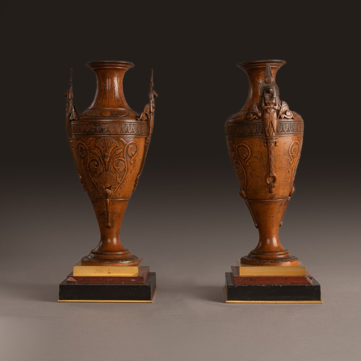 Egyptomanie - Rare Pair Of Bronze And Marble Vases By Servant, Circa 1860-photo-4