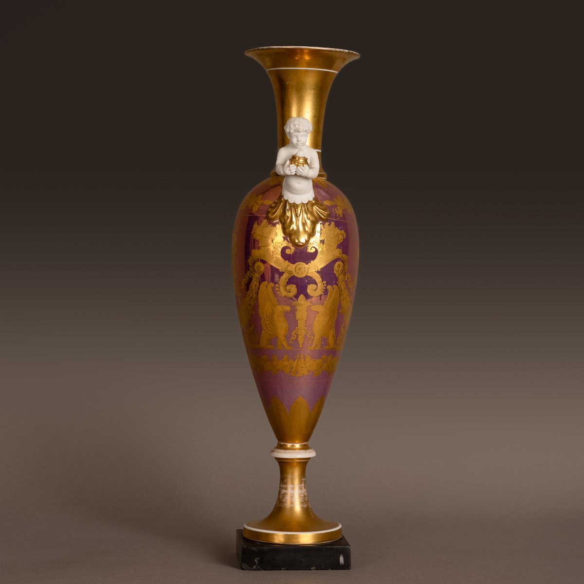 Paris, Circa 1800 - Large Spindle-shaped Porcelain Vase - Rare Tin-plated Base-photo-3