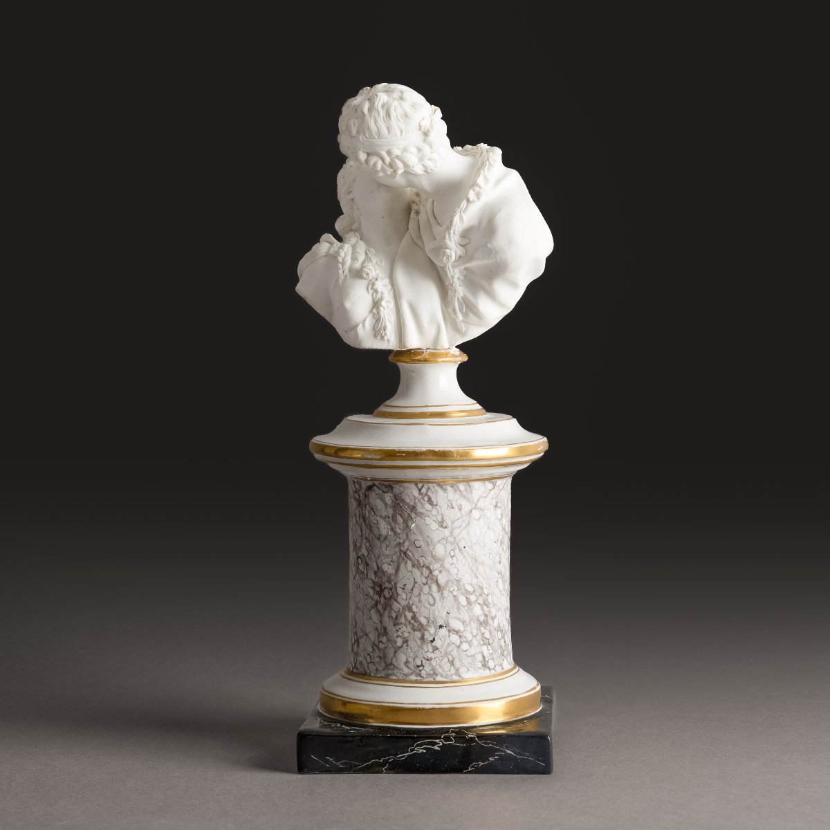 Niderviller, d'après Houdon vers 1780 - Le baiser, buste en biscuit et socle en faïence-photo-4