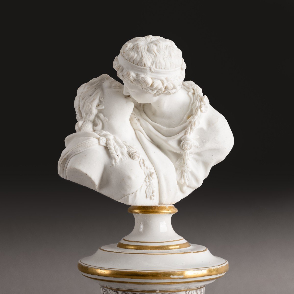 Niderviller, d'après Houdon vers 1780 - Le baiser, buste en biscuit et socle en faïence-photo-4