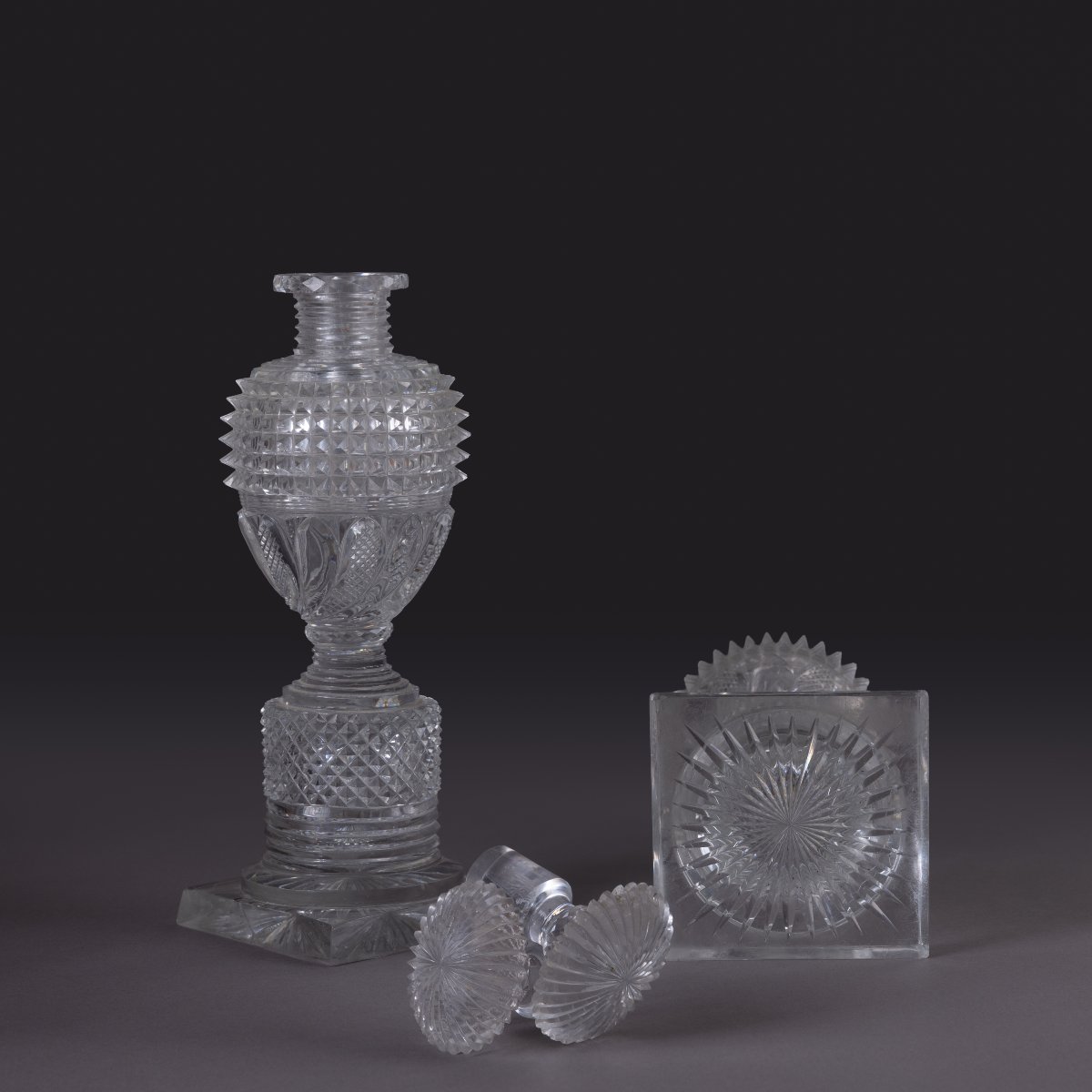 Le Creusot, Circa 1830—a Pair Of Large, Lidded Bottles Made Of Cut Crystal—charles X-photo-1