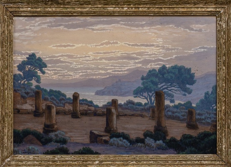 François-Etienne Lahaye - grande vue symboliste des ruines de Tipasa - cadre d'origine-photo-2