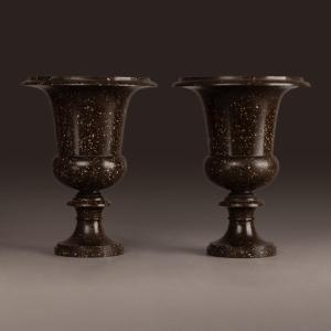 Imperial Manufacture Of Sarreguemines - Pair Of Medicis Vases - Porphyry Alike