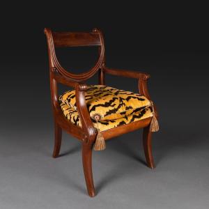 Jacob Desmalter - Office Armchair With Frame - Mahogany And Silk Velvet - Empire Style, Restaurati