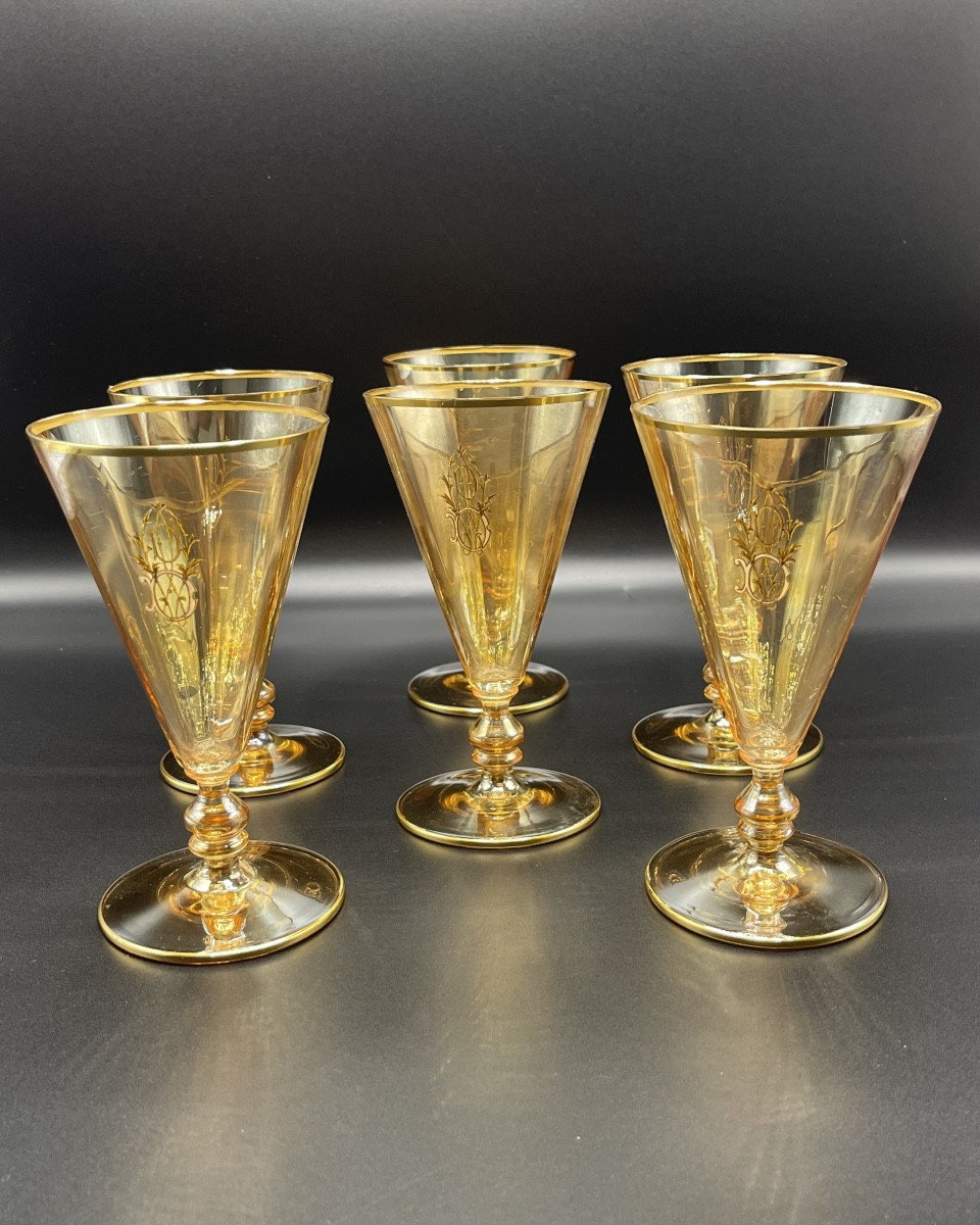 Set Of Six Enameled Gold Glasses