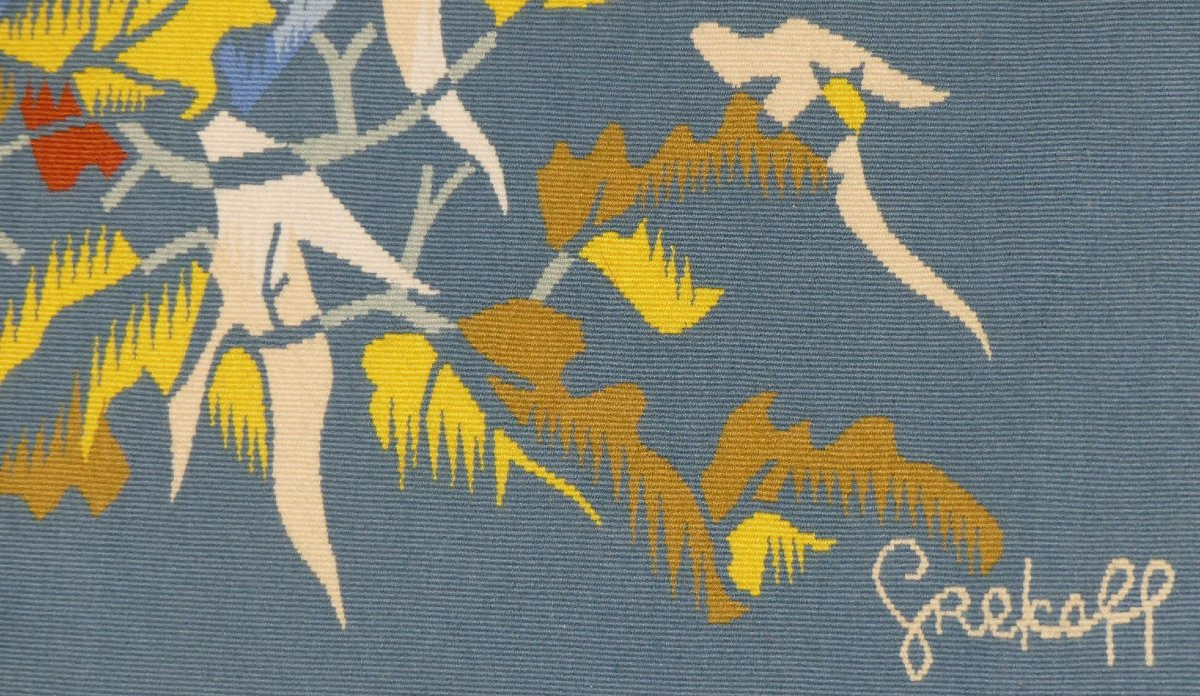 Elie GREKOFF -  Deux hiboux fond bleu -  Tapisserie d'Aubusson-photo-3