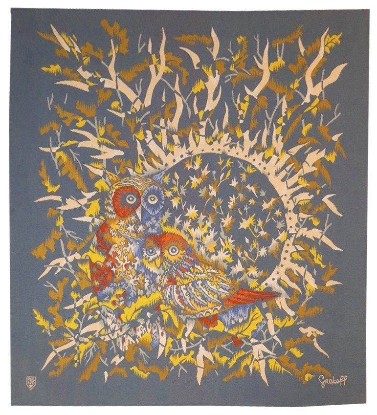 Elie GREKOFF -  Deux hiboux fond bleu -  Tapisserie d'Aubusson