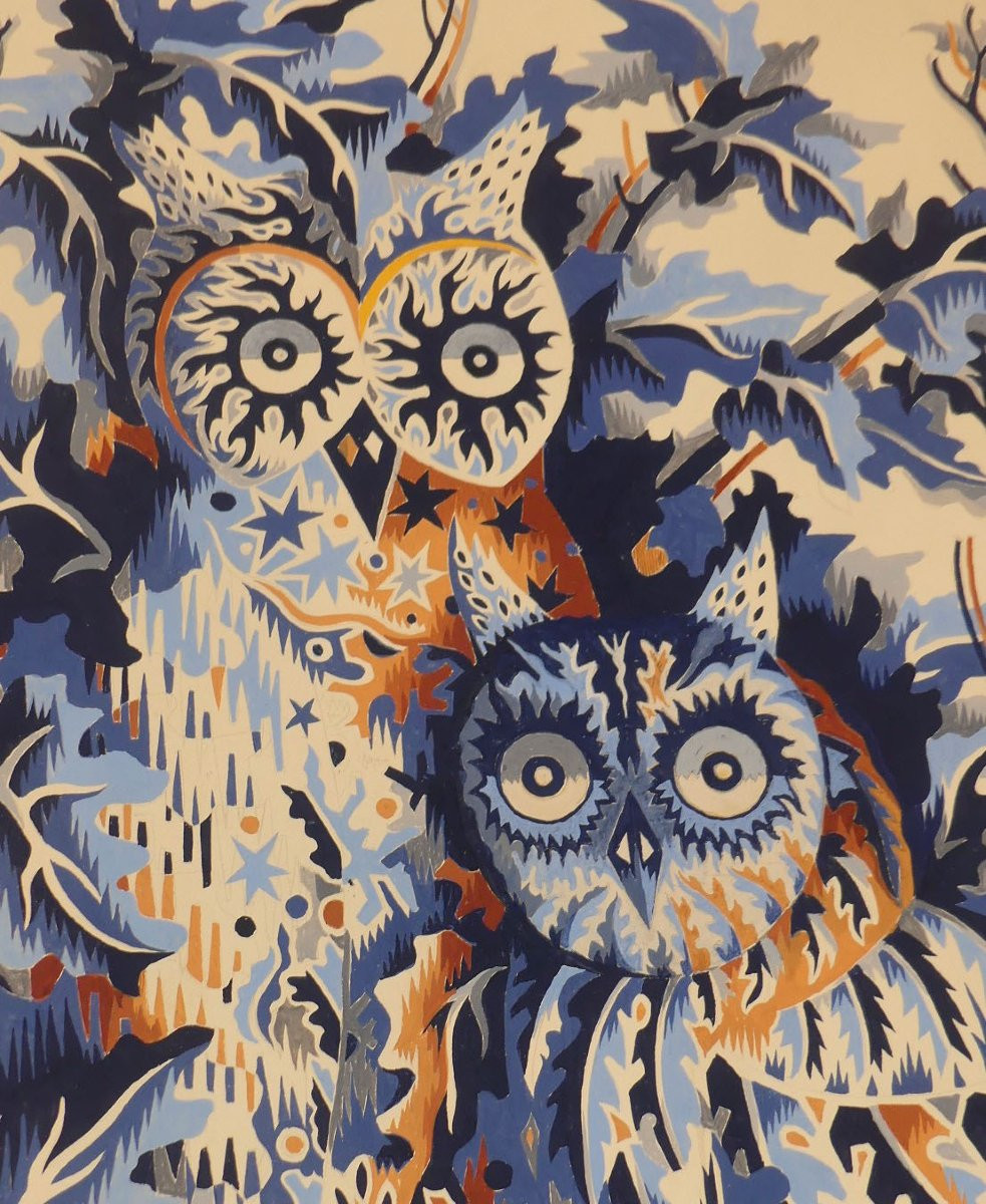 Elie GREKOFF -  Deux hiboux  -  Maquette de tapisserie-photo-2