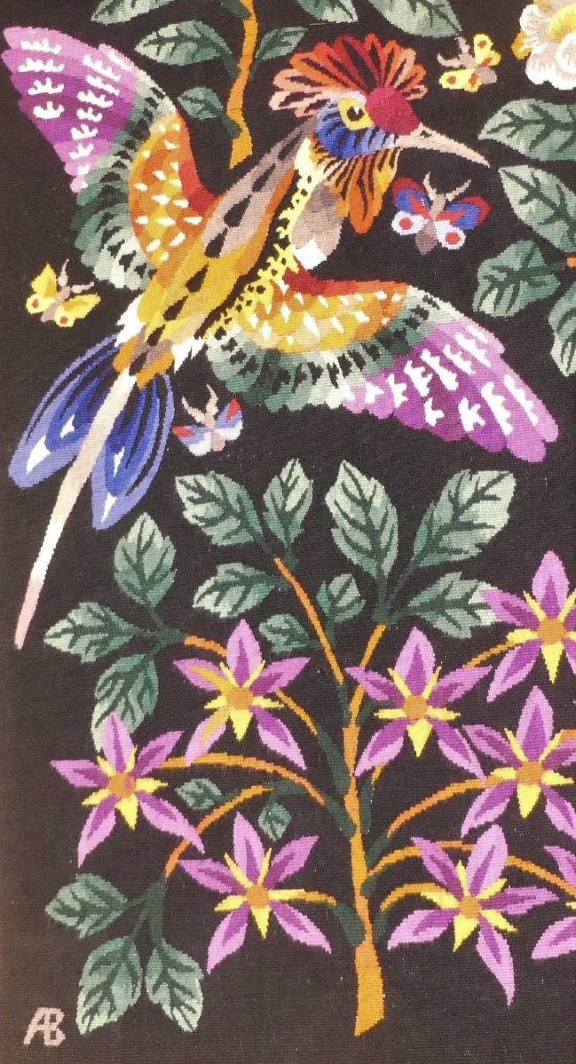 René PERROT -  Fleurs de serres et colibris  -  Tapisserie d'Aubusson-photo-2