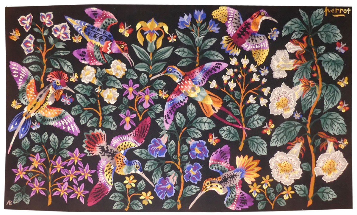 René PERROT -  Fleurs de serres et colibris  -  Tapisserie d'Aubusson