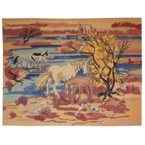 Yves Brayer - Horses In The Camargue - Aubusson Tapestry