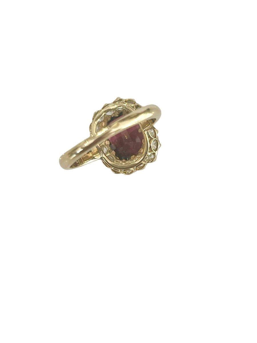 Bague Pompadour En Or , Ornée d'Un Grenat Et De Diamants-photo-3