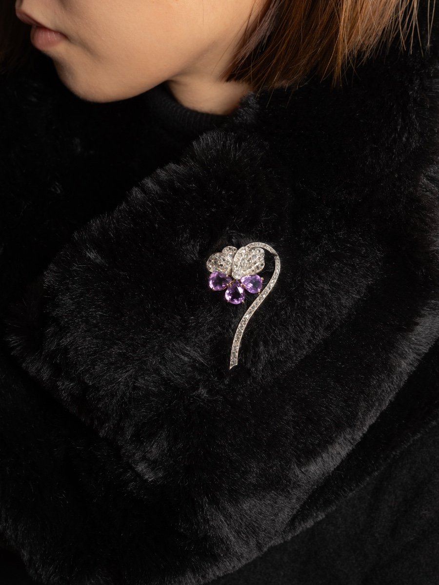 Broche Pensée En Or, Argent, Diamants Et Améthystes.-photo-2