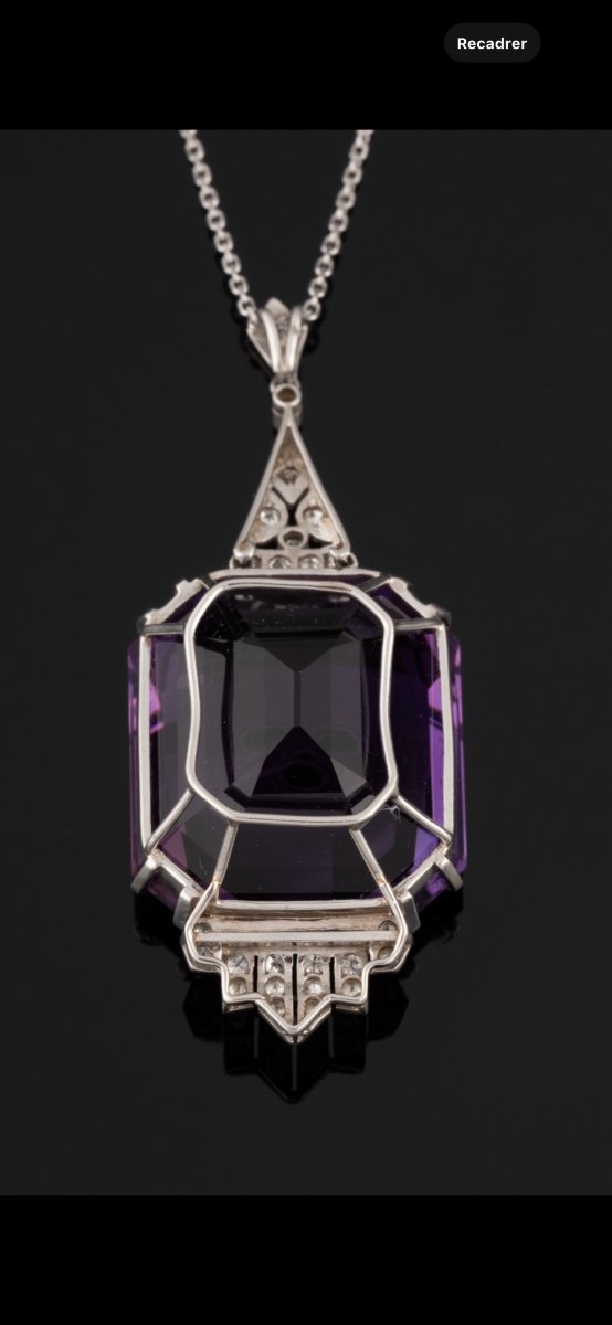 Art-deco Pendant In Platinum And Diamonds Set With An Important Amethyst-photo-2