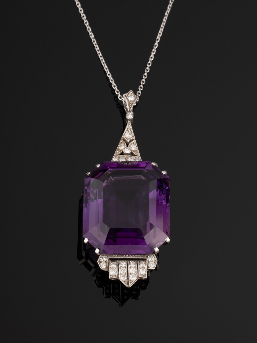 Pendentif Art-deco En Platine Et Diamants Serti d'Une Importante Améthyste-photo-3