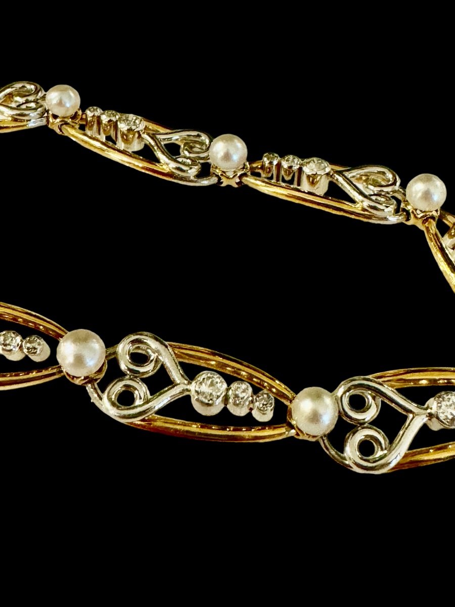 Bracelet Or, Platine, Diamants Et Perles Fines-photo-2