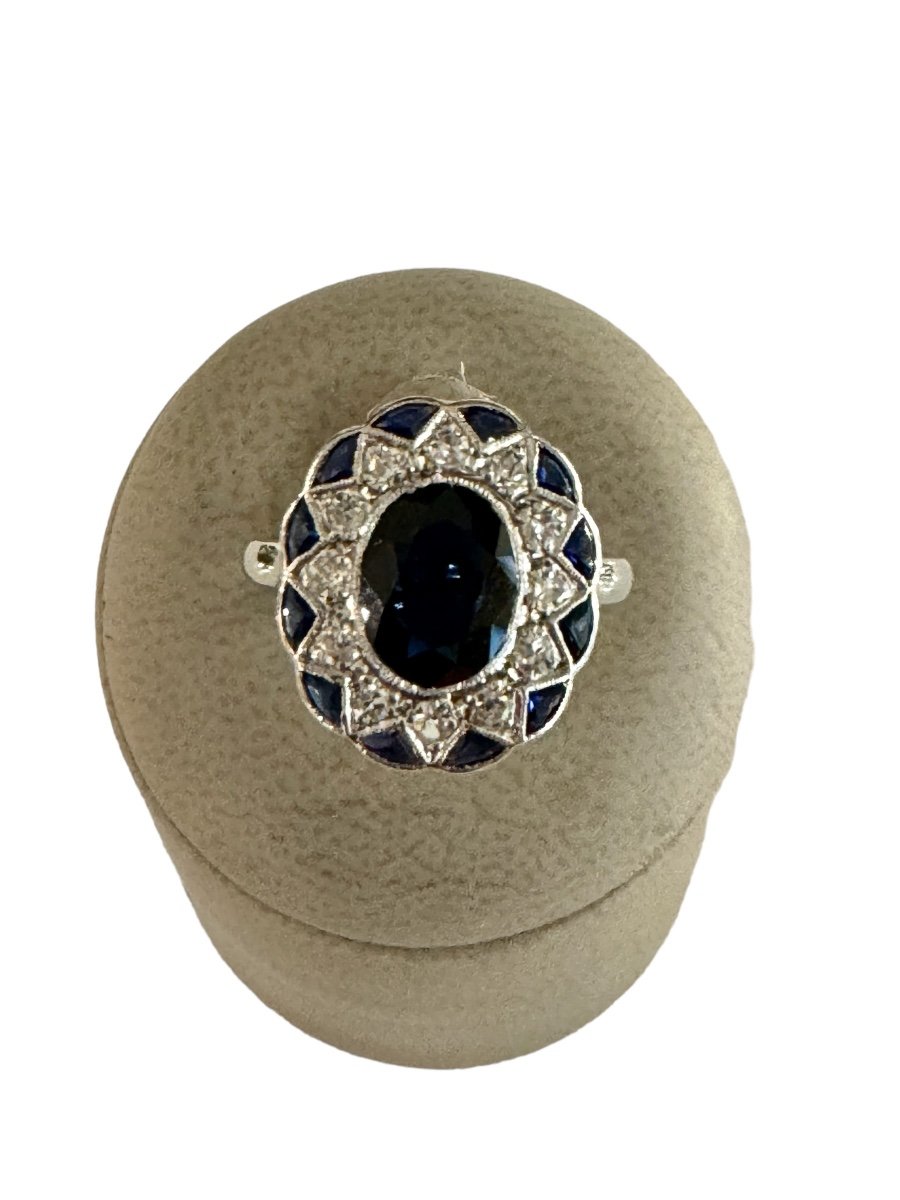Bague Art Deco En Or, Platine, Saphir Et Diamants-photo-3