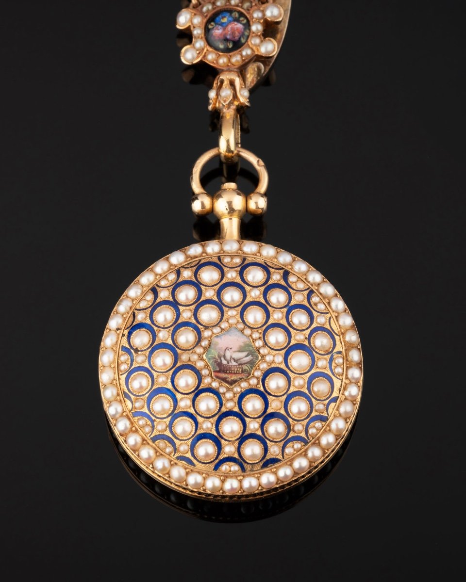 Linzeler : Chatelaine En Or, émail Et Perles Fines-photo-1