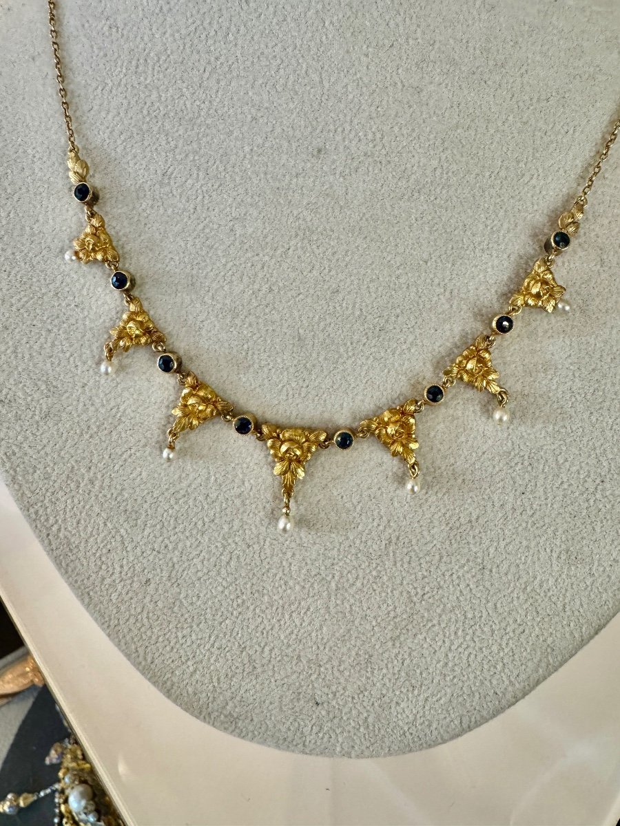 Collier Colerette En Or, Saphirs Et Perles Fines -photo-1