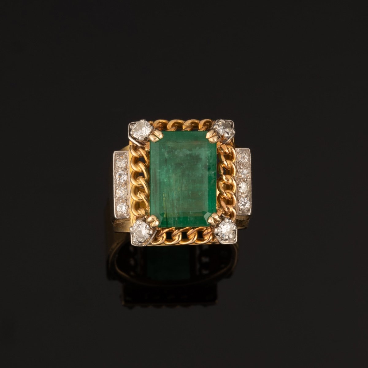 Bague Vintage En Or, Diamants Et émeraude-photo-3