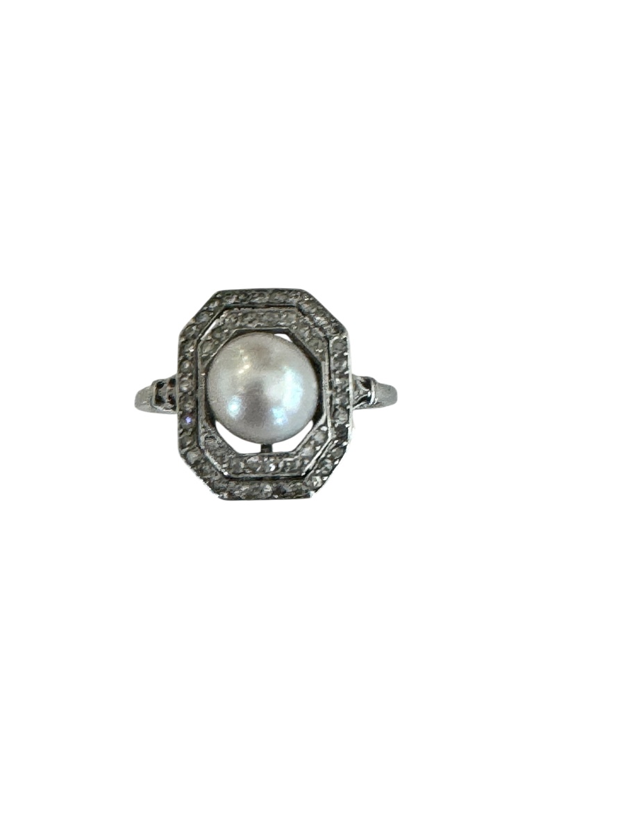 Bague Art-deco En Platine Et Perle Fine