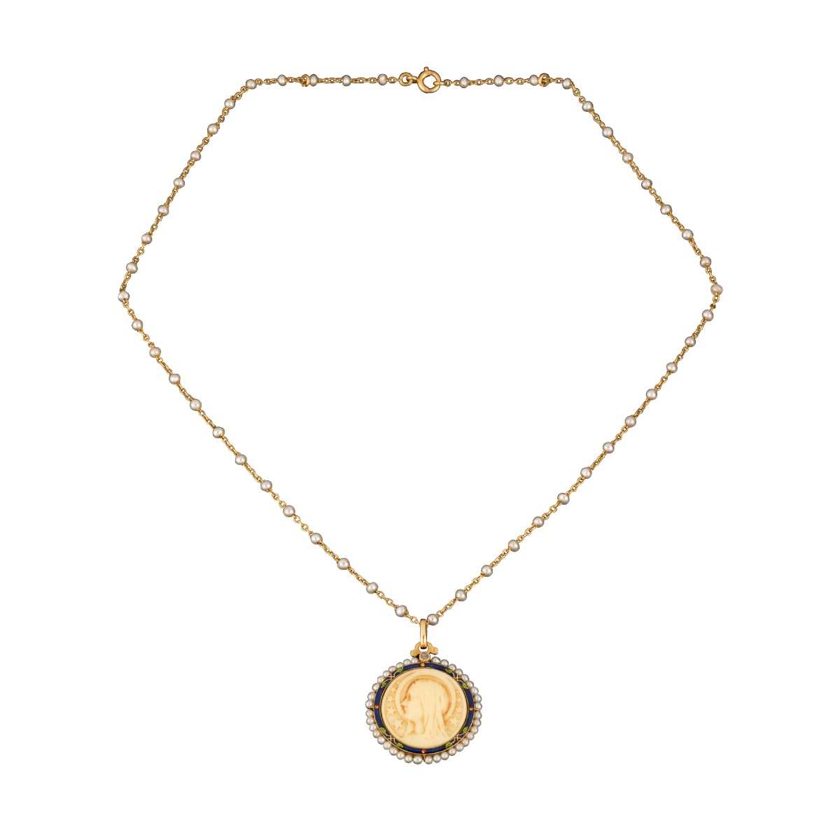 Religious Medal With Enamel,  Natural Pearls And Chain