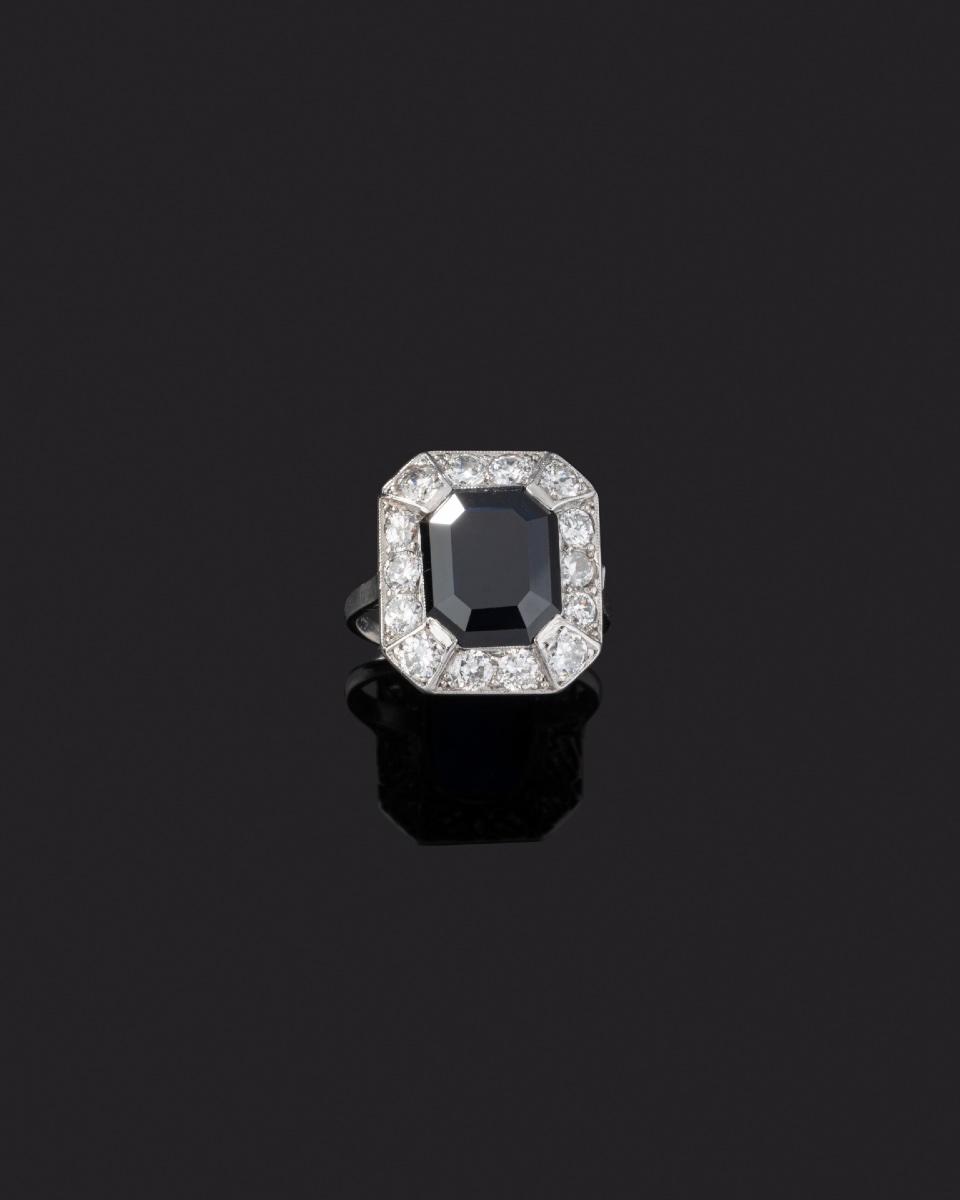 Art Deco Ring In Platinum, Sapphire And Diamonds -photo-3