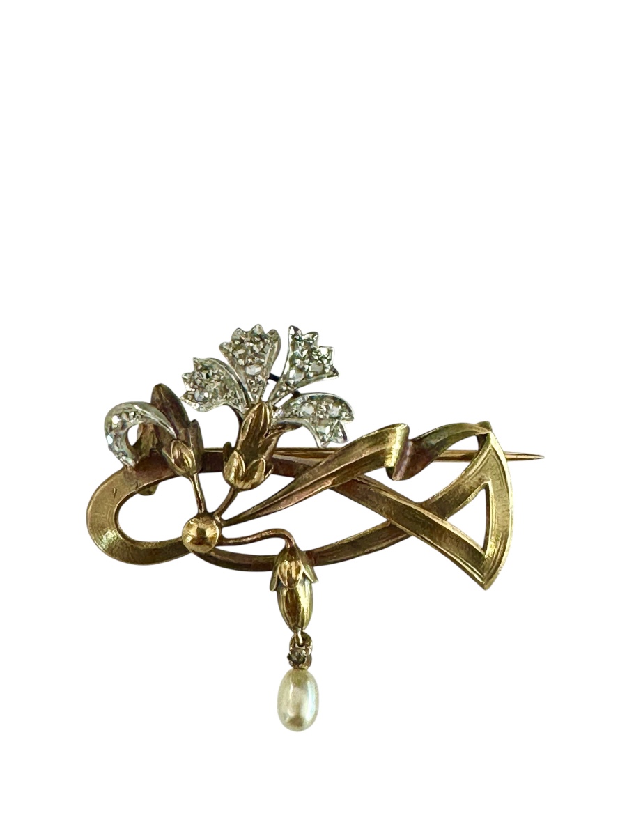 Broche Art-Nouveau or, diamants et perle fine