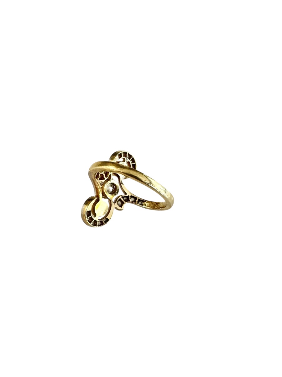 Bague Belle époque en or, platine, diamants et perles fines -photo-2