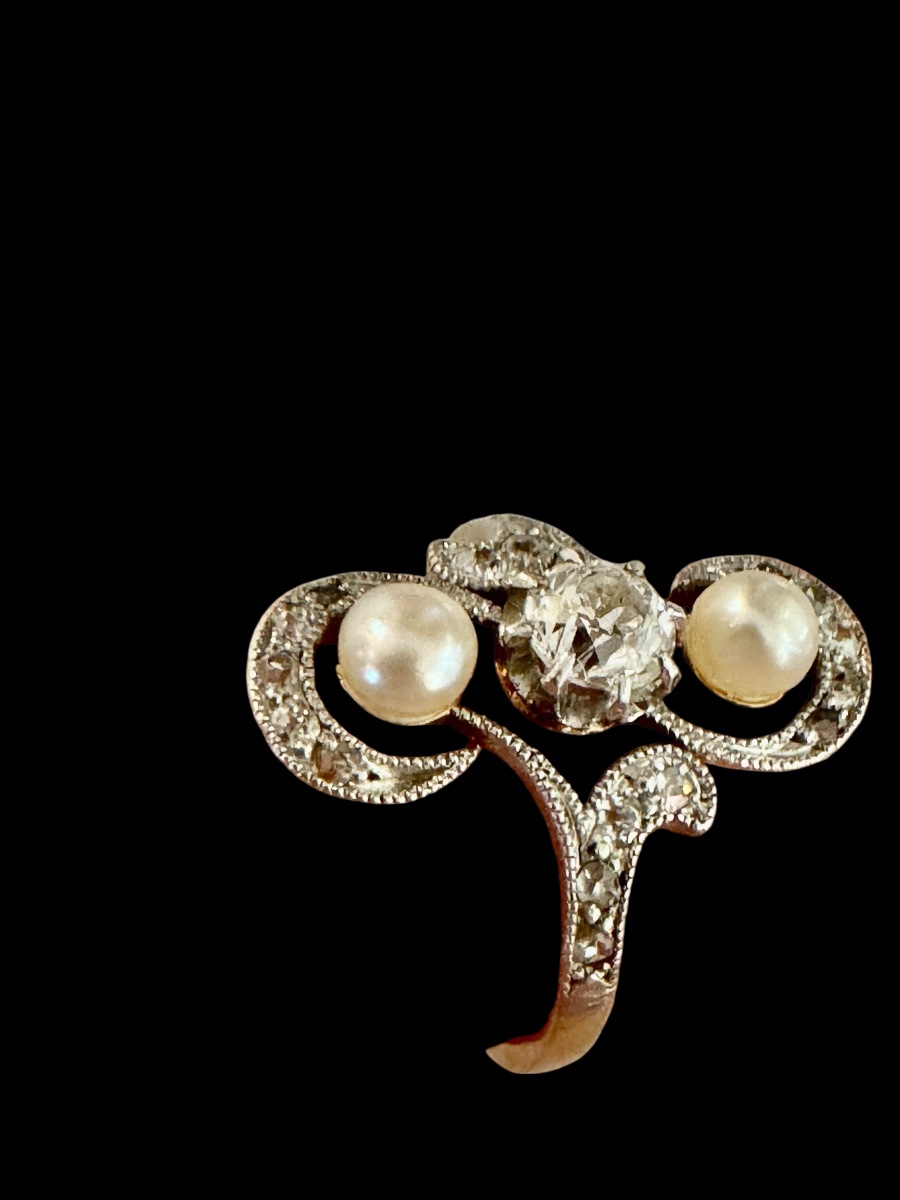 Bague Belle époque en or, platine, diamants et perles fines -photo-1